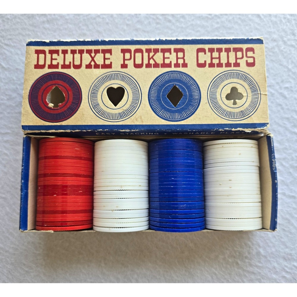 Vintage Mayer Plastics Deluxe Poker Chips Set 100 Ct Red White Blue USA Boxed...